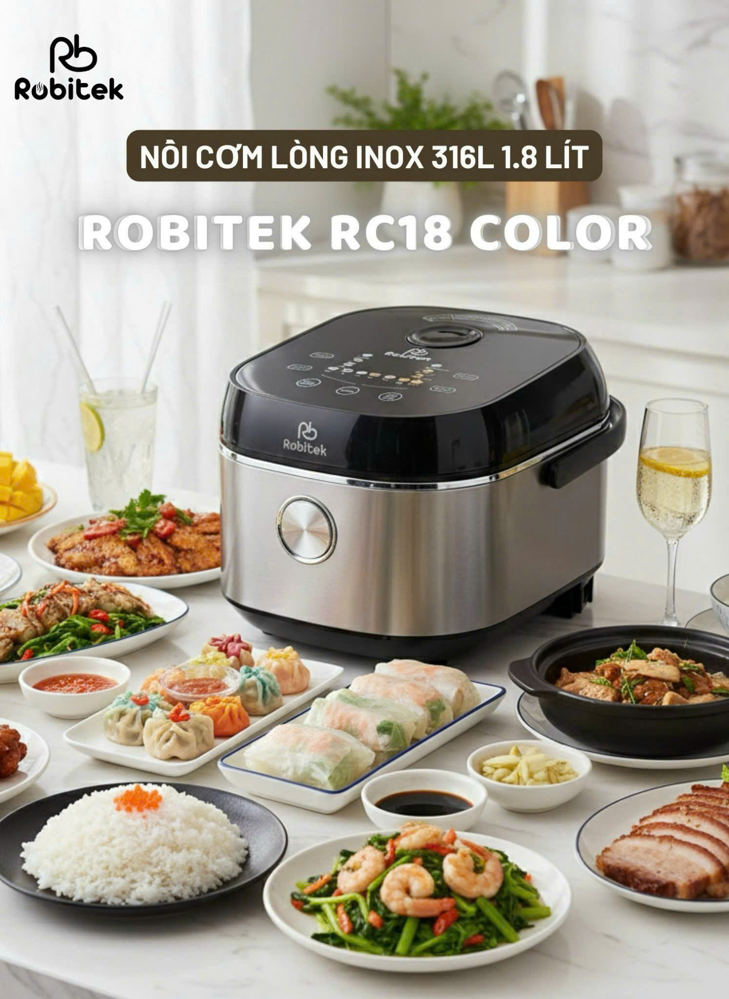 NỒI CƠM ĐIỆN LÒNG INOX ROBITEK RC18 COLOR – DUNG TÍCH 1.8L – NẤU CƠM TÁCH ĐƯỜNG, NỒI CƠM 14 CHỨC NĂNG